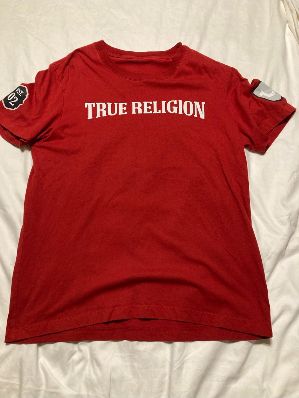 True Religion Red Crewneck Tee with White Chest Logo